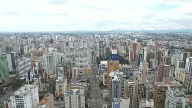 Center of the Batel neighborhood, in the city of Curitiba, state of Paran&aacute;, southern Brazil, aerial drone tour between the buildings 