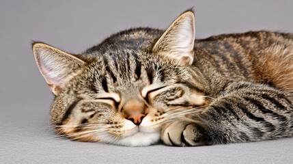 Adorable Tabby Cat Sleeping on Grey Background  Pet  Feline  Domestic Cat  Animal  Paws  F