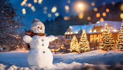 Obraz premium Snowman, Winter Wonderland, Snow, Christmas, Christmas Decoration, Landscape Scenery, Village, Nature Ambience, Outdoor, Night, Wallpaper, Screensaver, Background