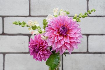 Floral bouquet. Pink dahlia flowers with white and pink snapdragons. White brick background.