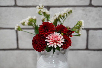 Floral bouquet. Red, round dahlia flowers. Single white and red flower. White statice flowers. White brick background.