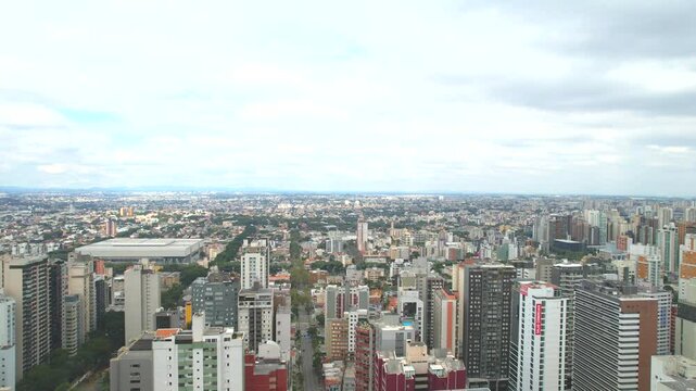 Center of the Batel neighborhood, in the city of Curitiba, state of Paran&aacute;, southern Brazil, aerial drone tour between the buildings