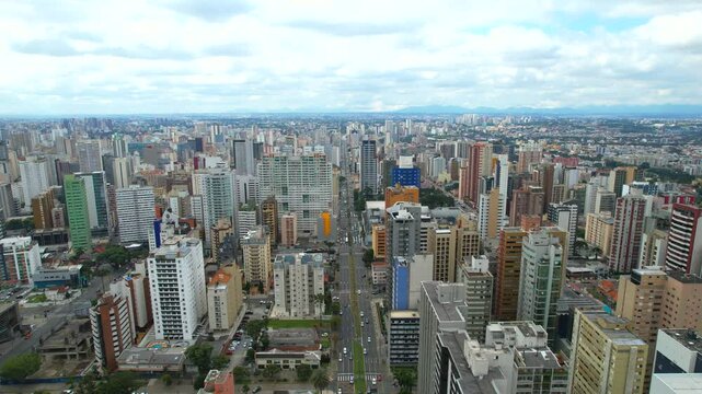 Center of the Batel neighborhood, in the city of Curitiba, state of Paran&aacute;, southern Brazil, aerial drone tour between the buildings