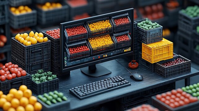 Online grocery shopping concept with computer screen showing fruit and vegetables in boxes