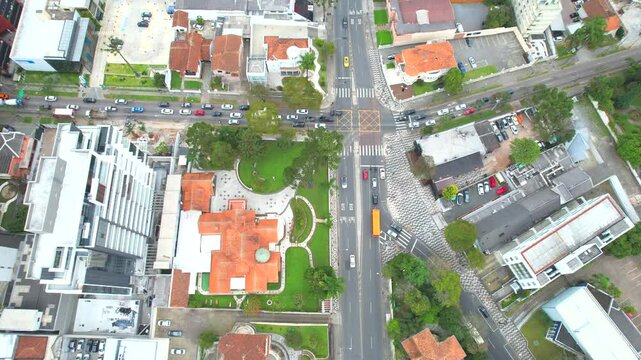Center of the Batel neighborhood, in the city of Curitiba, state of Paran&aacute;, southern Brazil, aerial drone tour between the buildings