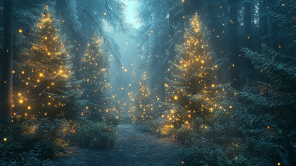 Fototapeta premium Magical forest with christmas trees and glowing lights 