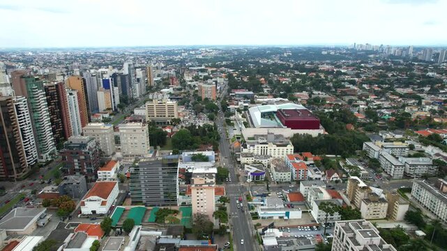 Center of the Batel neighborhood, in the city of Curitiba, state of Paran&aacute;, southern Brazil, aerial drone tour between the buildings