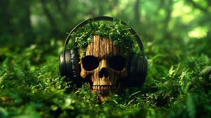 Graffiti skull with oversized wooden headphones, forest-inspired street art growing from it, natural colors and textures, Fantasy, Mixed media, Earth tones, Watercolor