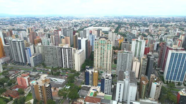 Center of the Batel neighborhood, in the city of Curitiba, state of Paran&aacute;, southern Brazil, aerial drone tour between the buildings