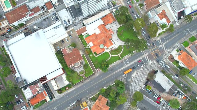 Center of the Batel neighborhood, in the city of Curitiba, state of Paran&aacute;, southern Brazil, aerial drone tour between the buildings