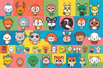 Colorful Children's Cartoon Avatar Collection Featuring Playful Line Drawings and Adorable Animals