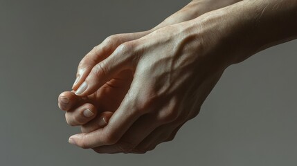 Fototapeta premium Firm Refusal - Close-up of Crossed Hands Gesture in Ultra-Realistic Detail on Grey Background