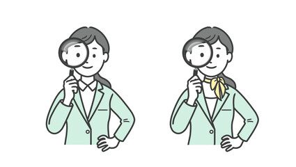 虫眼鏡を持って見る女性ビジネスマンの上半身イラスト