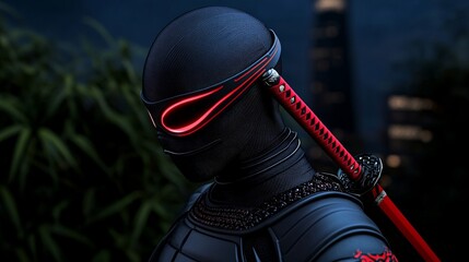 Cyberpunk Ninja Warrior: Close-up of a futuristic ninja, clad in sleek black armor with glowing red accents, wielding a katana.  The image evokes a sense of mystery, power.