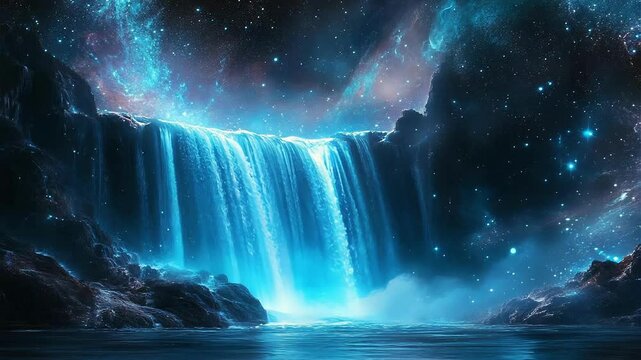 Mesmerizing Seamless Loop of Cosmic Waterfall Under Starry Night Sky