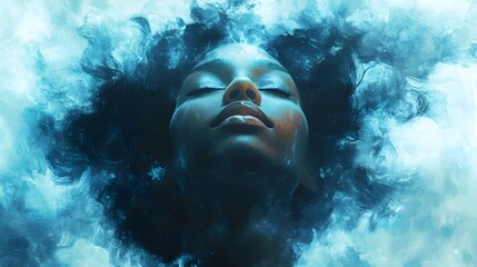 Meditative black woman in an abstract style, radiating calm blue psychic energy, symbolizing well-being, mindfulness, and spiritual self-love