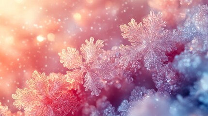 Close-up of delicate snowflakes in colorful