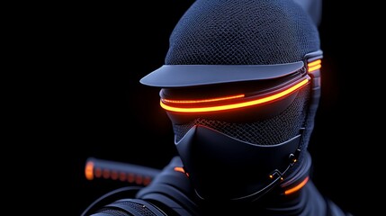 Cyberpunk Ninja: Close-up of a futuristic ninja warrior with glowing orange visor, detailed mesh armor, and katana.  Dark and moody aesthetic. 
