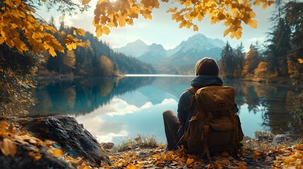 Relaxed camper with a backpack sitting by a crystal-clear lake, mountains in the distance, autumn leaves scattered around. Realistic, warm tones, high detail, peaceful outdoor setting