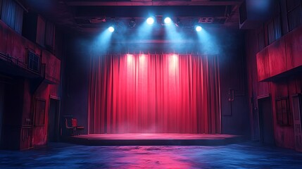 Empty stage with red velvet curtains and blue spotlights, dramatic performance concept