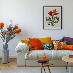  Stylish sofa setup with bold cushions and fresh flowers, creating a cheerful and inviting atmosphere. Mock up poster frame. 
