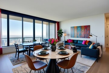 Fototapeta premium Modern Apartment Design with Inviting Dining Space Stylish Seating and Expansive Living Room Showcasing Colorful Wall Art and Scenic Views
