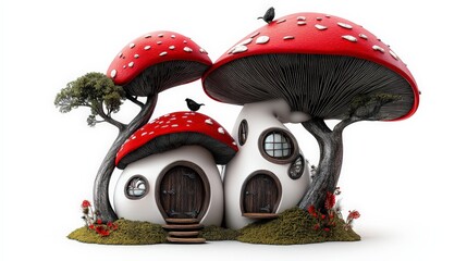 Enchanted Mushroom Homes: A whimsical 3D render of charming mushroom houses nestled amongst lush greenery, perfect for fairytale or fantasy themes. 