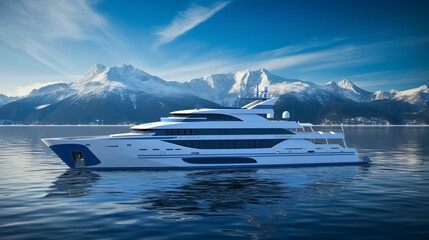 Luxury yacht cruising in serene waters against a backdrop of majestic mountains