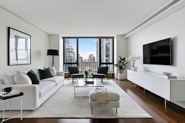 Fototapeta premium Polar White Minimalist Living Room Design in Contemporary Urban Apartment Featuring Elegant Simplicity and Modern Decor