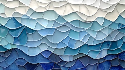 Irregular sea glass mosaic wall with wavy design, pale aqua, opal white, navy, textured like ocean waves, shimmering lighting, futuristic design, detailed digital art