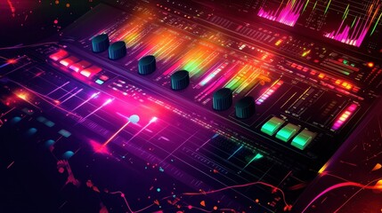Vibrant Audio Mixer in Dark Studio Setting - Illustration of Colorful Music Creation and Sound Engineering