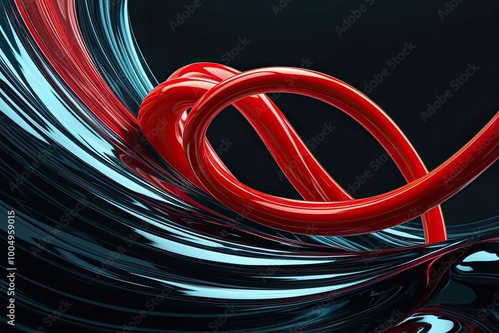 Poster vibrant red curve graphic on obsidian background featuring fluid dynamics and ample copy space