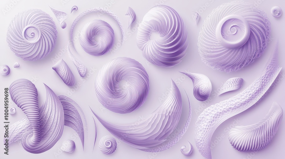 Poster spiraling volute icon vector set on lavender background - intricate hypnotic spiral symbols with smo