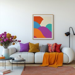  Stylish sofa setup with bold cushions and fresh flowers, creating a cheerful and inviting atmosphere. Mock up poster frame. 