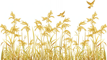 rice, Ear of rice, autumn, sun, sparrow, golden, Japanese pattern, Japan, tradition, typical, Japanese art, Japanese painting, ink painting, sumi-e, ukiyo-e, elegance, happiness, landscape, wabi-sabi,