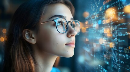 Female IT student analyzing data streams in augmented reality, double exposure of code and digital interface overlay. Futuristic, soft blue hues, side profile, minimalistic background