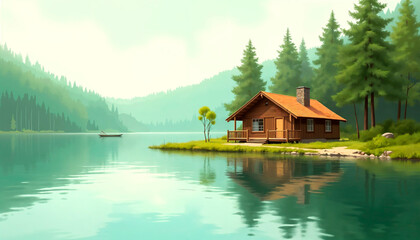 Fototapeta premium Scenic lake house surrounded by lush trees and mountains reflecting in water for digital detox retreat