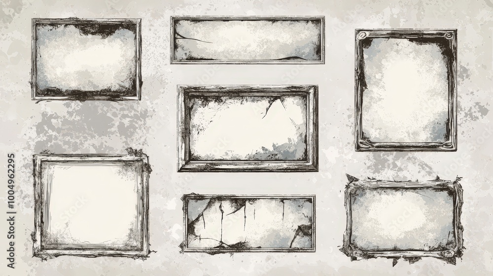 Poster distressed rectangular border frames set with grunge textures on soft pastel background for versatil