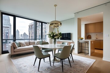 Stylish Urban Apartment with Elegant Dining Area and Bright Living Room in Soft Color Palette