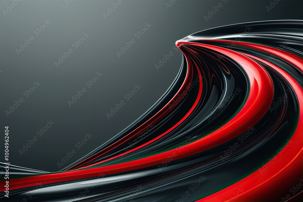 Poster vibrant red curved design on obsidian background with fluid dynamics and ample copy space