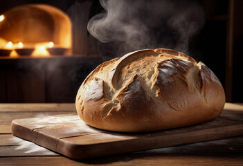 Hot bread freshly baked in the oven with a crispy crust made from white wheat flour that is still steaming. In the background of the bakery is an oven with shelves for bakery products. Close-up