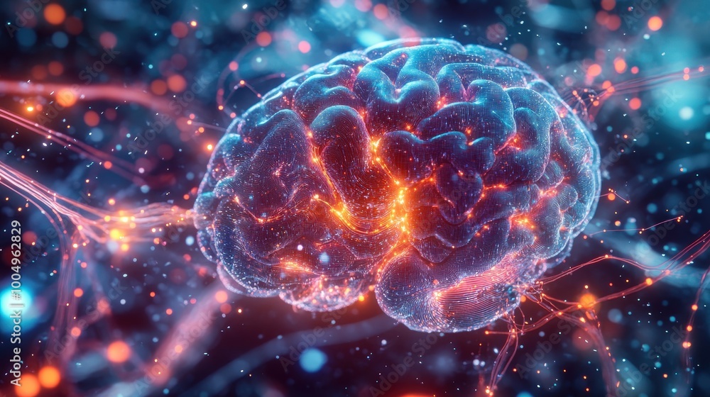 Poster futuristic connection: digital brain interfacing with data center in vibrant detail