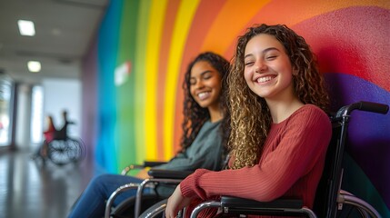 Interracial teenage lesbian couple in wheelchairs, smiling back to back, rainbow mural behind them. Photorealistic, warm tones, bright colors, inclusive and uplifting theme