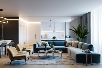 Fototapeta premium Modern Apartment Living Space with Bright Open Concept and White Background Design