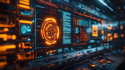 Fototapeta premium Factory with augmented reality screens showing production stats, mechanical precision, glowing neon lights, vibrant data streams, steampunk aesthetic, intricate details, wide shot