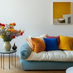  Stylish sofa setup with bold cushions and fresh flowers, creating a cheerful and inviting atmosphere. Mock up poster frame. 