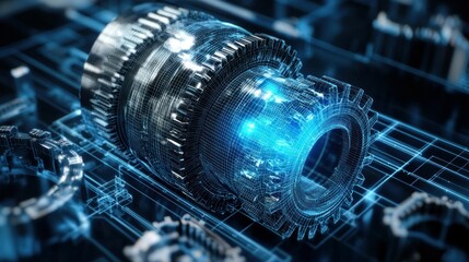 mechanical gear, technology, engineering, digital design, futuristic background, blue glow, industrial elements, abstract shapes, innovation, machinery
