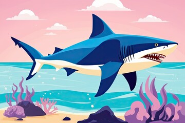 Obraz premium Stylish Illustration of a Fantastical Shark in Oversized Sunglasses Swimming in a Dreamlike Pastel Ocean