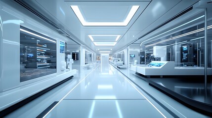 Obraz premium A futuristic, spotless factory floor, sleek AI-powered machines analyzing food samples under sterile white lights, advanced tech screens displaying data