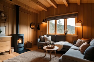 Fototapeta premium Cozy Scandinavian Cabin Design Embracing Warmth and Natural Light